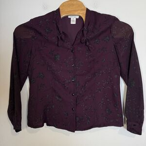 Pendleton Floral Blouse Tie Neck Long Sleeve Semi Sheer‎ Plum Purple 12
